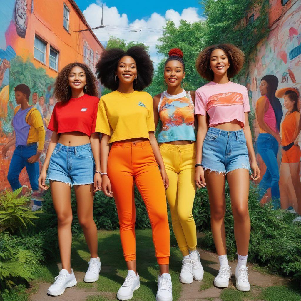 A vibrant collage of teenagers expressing themselves through fashion, engaging in healthy activities, and building meaningful relationships in a bright urban setting. The scene features diverse individuals showcasing trendy outfits, participating in sports, and sharing joyful moments, surrounded by colorful murals and greenery. The overall atmosphere should radiate empowerment and positivity. super-realistic. vibrant colors. dynamic composition.