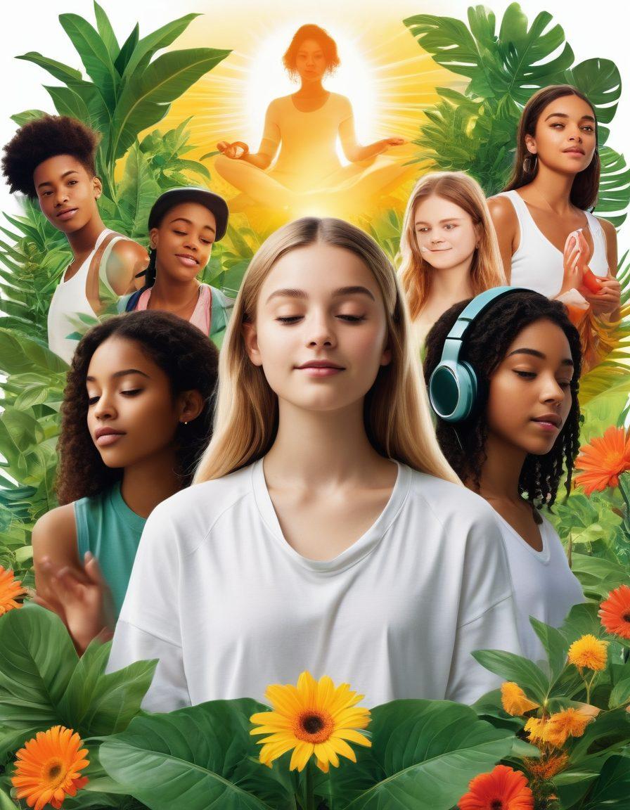 A vibrant collage depicting diverse teenagers engaging in self-care activities like meditation and exercise, surrounded by popular trends like fashion, technology, and music. Include visual elements of deep connections, like teens sharing stories and laughter in a warm, inviting environment. The background should be filled with symbols of growth and positivity, such as plants and sun rays. super-realistic. vibrant colors. white background.
