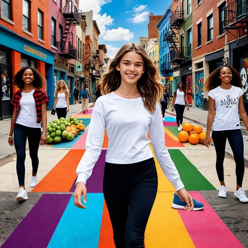 A vibrant collage depicting a fashionable teenage girl confidently walking in a modern urban setting, surrounded by elements symbolizing health like fresh fruits and yoga mats, alongside representations of friendships, such as diverse groups of teens laughing and supporting each other. The background features a fusion of trendy street art and wellness inspiration. super-realistic. vibrant colors. modern aesthetic.